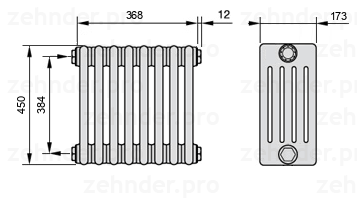 Схема (чертеж) Радиатор Zehnder Charleston 5045/8 №1270 Белый глянцевый RAL 9016